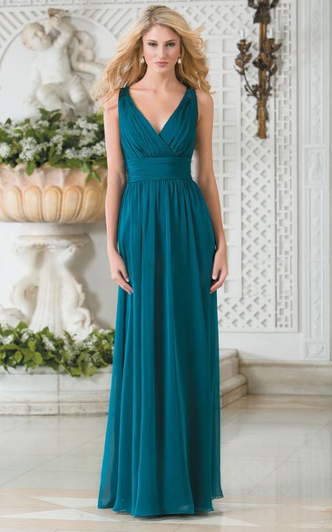 V-Neck Sleeveless Chiffon Bridesmaid Dress With Lace Back
