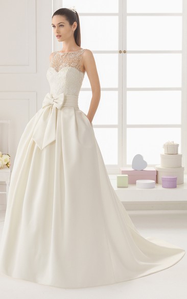 Satin Illusion-Neck Gown With Pockets And Bow