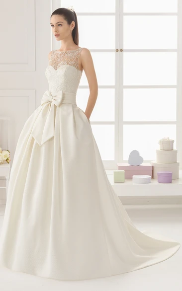 Satin Illusion-Neck Gown With Pockets And Bow