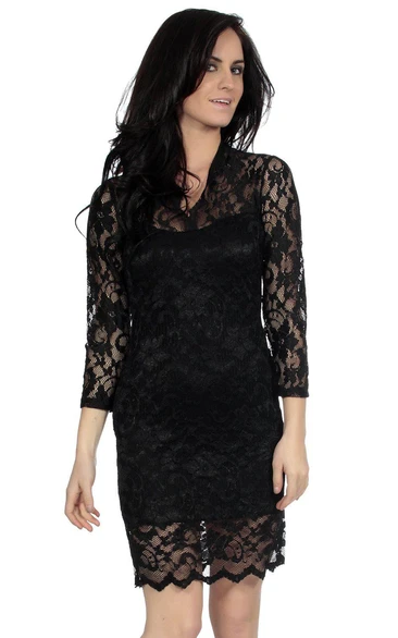 3-4 Sleeved Short Lace Sheath Dress With Illusion Style