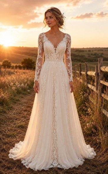 Long Sleeve V-Neck A-Line Lace Country Wedding Dress with Chapel Train