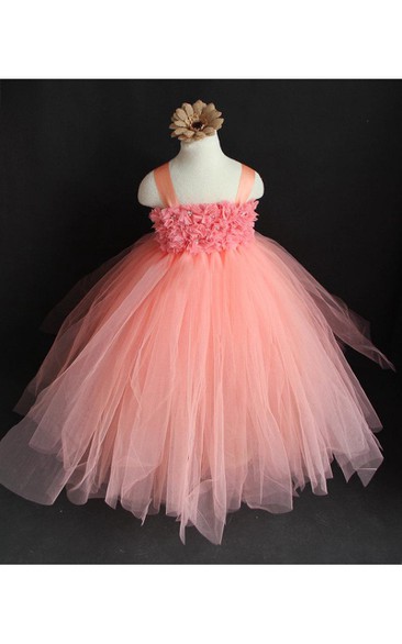 Empire Floral Bodice Tiered Tulle Ball Gown With Back Bow