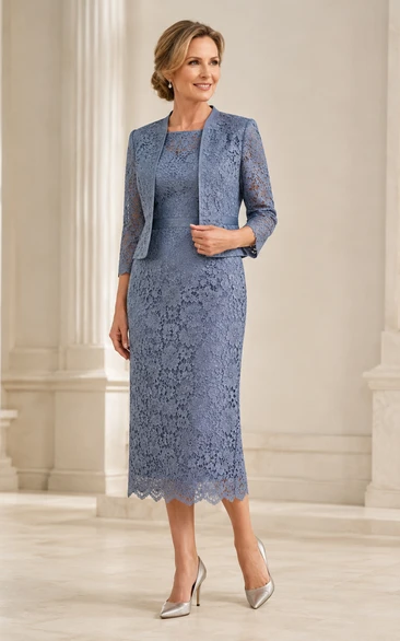 Steel Blue Lace Midi Mother of the Bride Sheath Dress with Matching Jacket