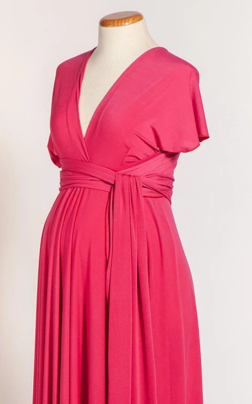 V Neck and V Back Short Sleeve Pleated A-line Jersey Long Dress With Sash