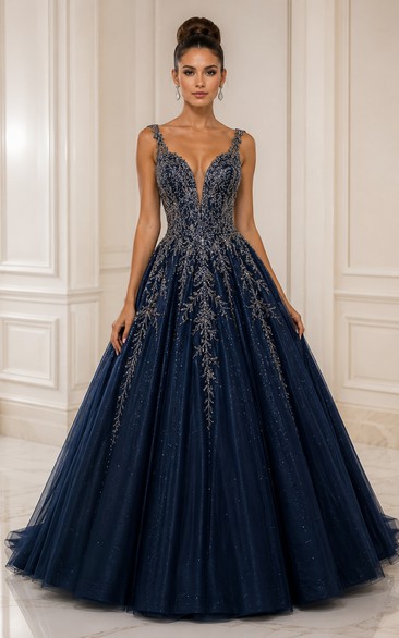 Beaded Illusion Deep V Ball Gown