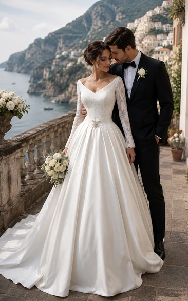 A-Line Ball Gown Tea-Length V-Neck Long Sleeve Beading Jacket Chiffon Tulle Lace Sequins Organza Satin Dress