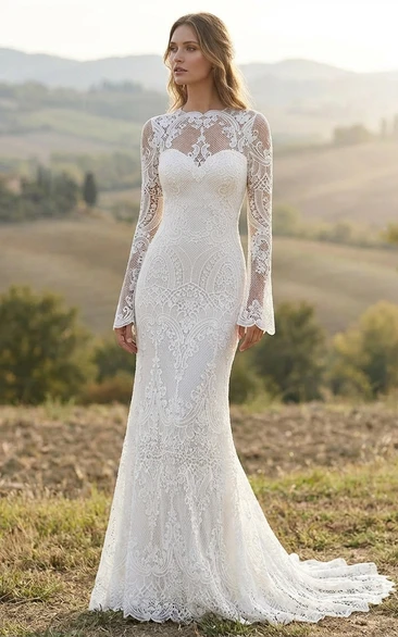 Boho Lace Wedding Dress Mermaid Illusion Long Sleeve Bridal Gown with Open Back