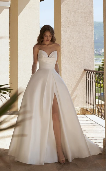 Ball Gown Empire Sweetheart Sleeveless Floor Length Satin Wedding Dress with Ruching and Split Front
