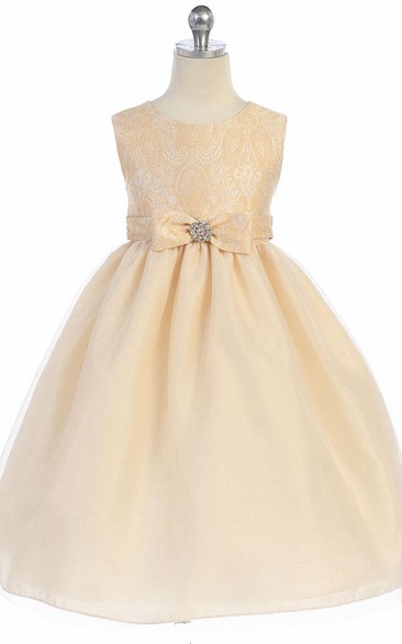 Tea-Length Tiered Bowed Tulle&Satin Flower Girl Dress