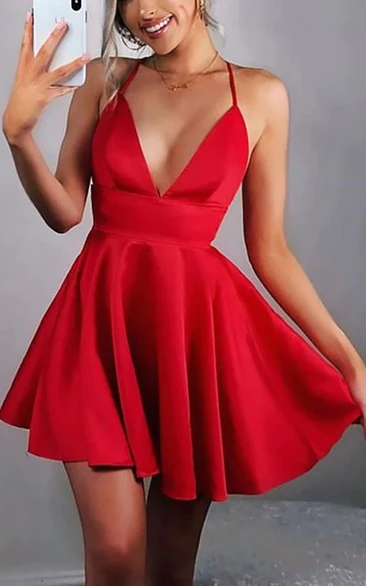 Sexy Red Spaghetti Plunged Empire A-line Short Cocktail Dress