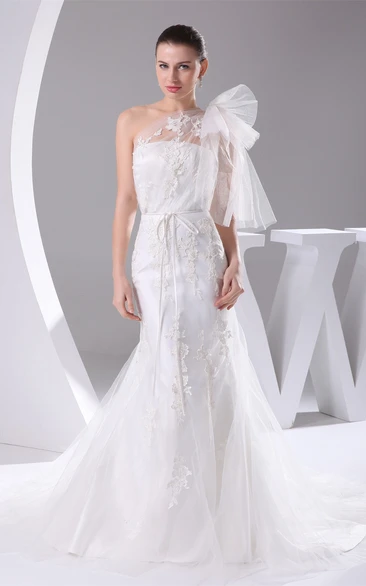 One-Shoulder Mermaid Tulle Appliques and Dress With Ribbon