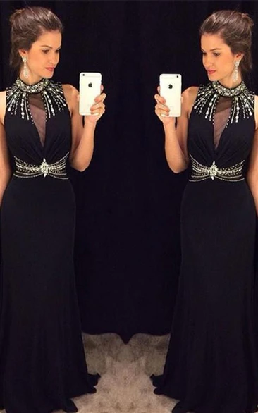 Delicate Black Mermaid Crystals Prom Dress High Neck Sleeveless