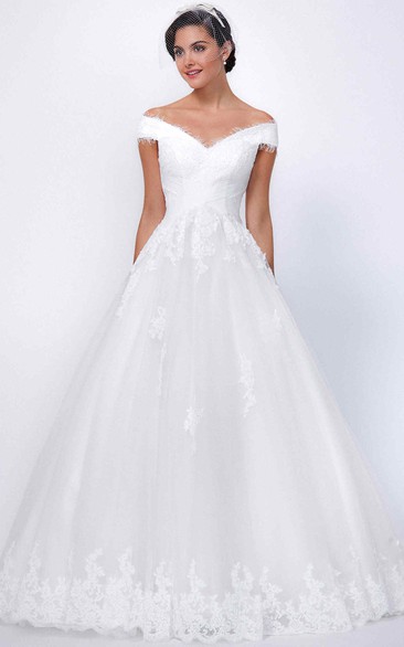 Ball Gown Long V-Neck Tulle&Lace Wedding Dress With Appliques And Corset Back