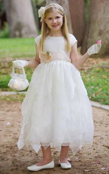 Tiered Cap-Sleeve Organza&Taffeta Flower Girl Dress