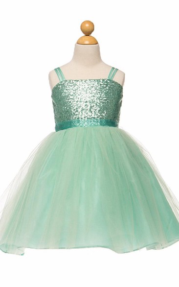 Spaghetti Midi Tulle&Sequins Flower Girl Dress