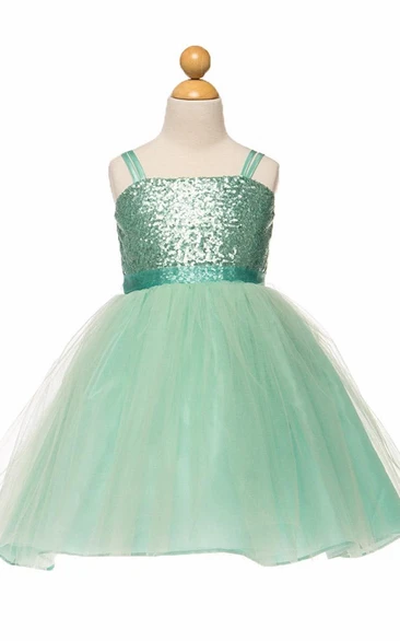 Spaghetti Midi Tulle&Sequins Flower Girl Dress