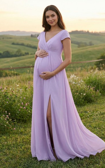 Lilac Maternity Bridesmaid Dress with V-Neck, Short Sleeves, Chiffon Skirt & Front Slit