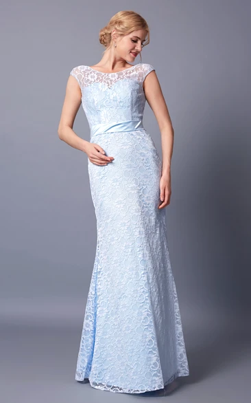 Demure Cap Sleeve Jewel Neck Long Lace Dress With Sash