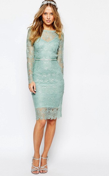 Knee-Length Scoop Neck Long Sleeve Beaded Lace Bridesmaid Dress
