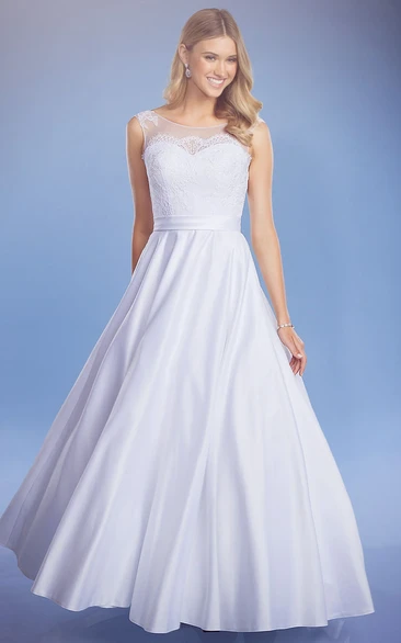 A-Line Sleeveless Bateau Lace Maxi Satin Wedding Dress With Broach And Lace-Up Back