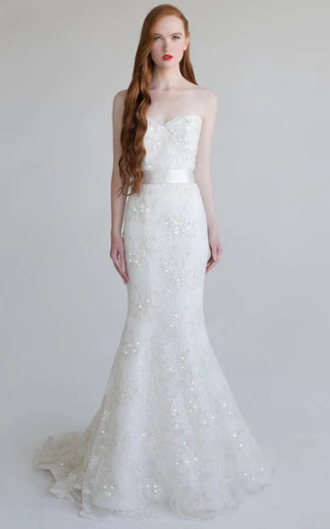 Trumpet Floor-Length Beaded Sweetheart Sleeveless Lace Wedding Dress With Sequins