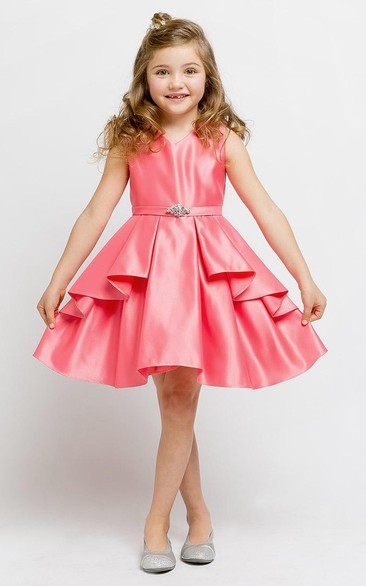 Split Knee-Length Beaded Split-Front Satin Flower Girl Dress With Ribbon