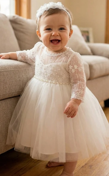 Christening White Baby Flower Girl Dress Long Sleeve Beaded Tulle Gown