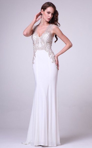 Sheath Long V-Neck Cap-Sleeve Jersey Illusion Dress With Beading