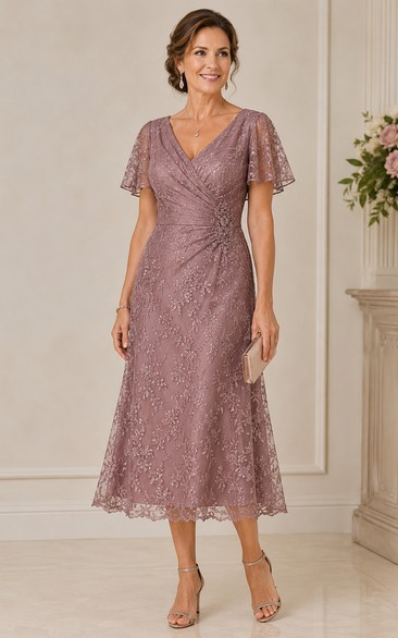 Vintage Mauve Lace Tea Length Mother Dress Vintage Mauve V-neck Sheath Tea-length