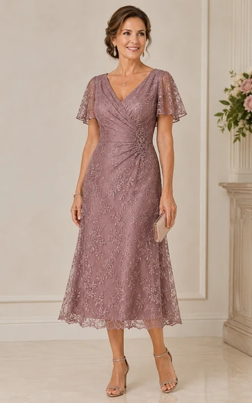 Vintage Mauve Lace Tea Length Mother Dress Vintage Mauve V-neck Sheath Tea-length