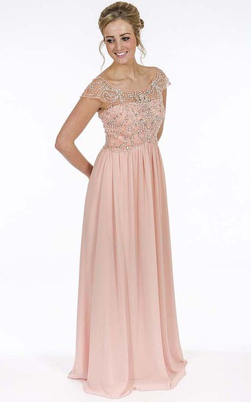 Beaded Floor-Length Cap-Sleeve Scoop-Neck Chiffon Prom Dress