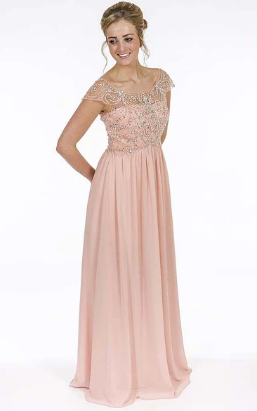 Beaded Floor-Length Cap-Sleeve Scoop-Neck Chiffon Prom Dress