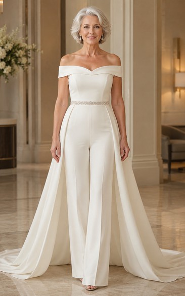 Off Shoulder Bridal Jumpsuit with Detachable Overskirt Train