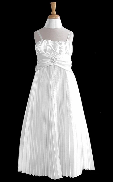 Floor-Length Pleated Cape Satin Flower Girl Dress With Broach