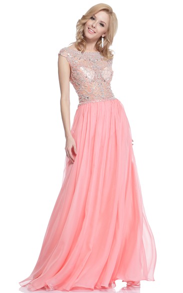 A-Line Bateau Cap-Sleeve Chiffon Illusion Dress With Beading And Pleats