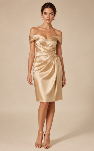 Champagne Off-the-Shoulder Ruched Satin Knee-Length Dress