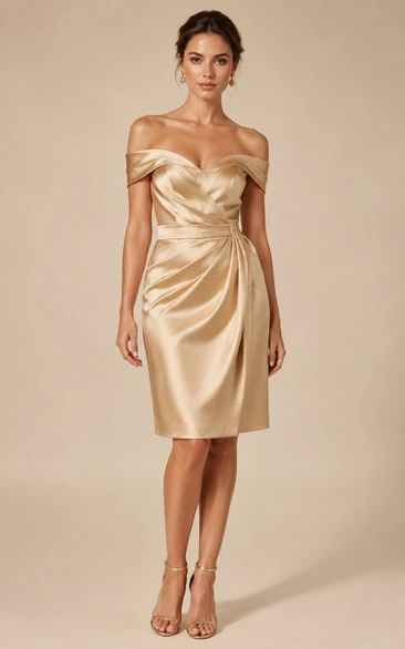 Champagne Off-the-Shoulder Ruched Satin Knee-Length Dress