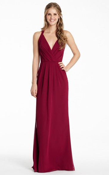 Sheath Long Sleeveless Pleated Halter Chiffon Bridesmaid Dress With Straps