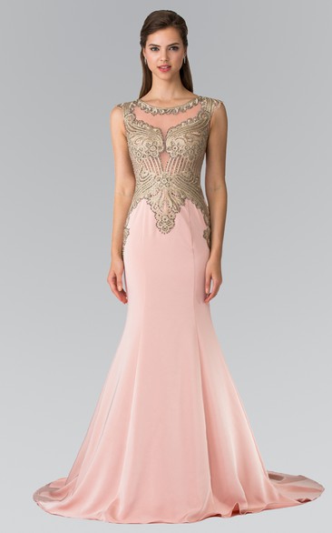 Sheath Scoop-Neck Cap-Sleeve Jersey Dress With Beading