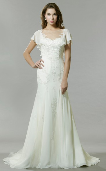 Poet-Sleeve Bateau-Neck Chiffon Wedding Dress With Illusion