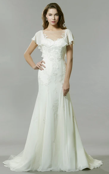 Poet-Sleeve Bateau-Neck Chiffon Wedding Dress With Illusion