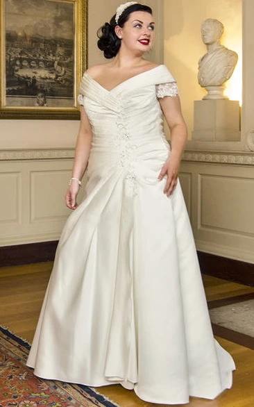 Off Shoulder Lace Short Sleeves Taffeta Bridal Gown With Lace Up