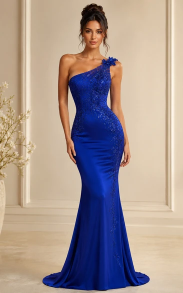 Fitted Royal Blue One-Shoulder Applique Mermaid Prom Dress
