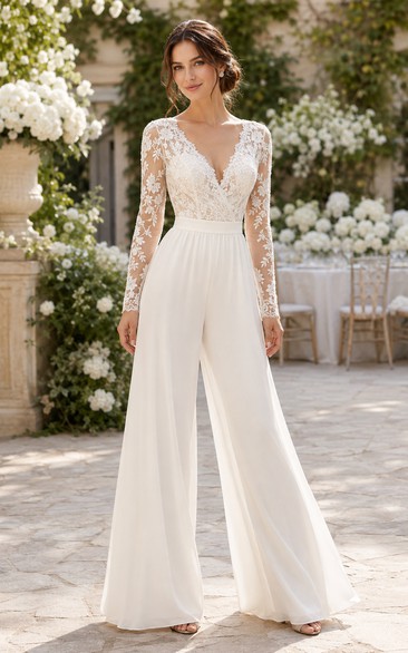 Ivory V Neck Lace Sleeve Wide Leg Wedding Jumpsuit