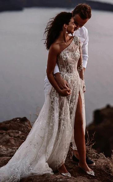 Asymmetrical One-Shoulder Lace Wedding Dress with Thigh-High Slit