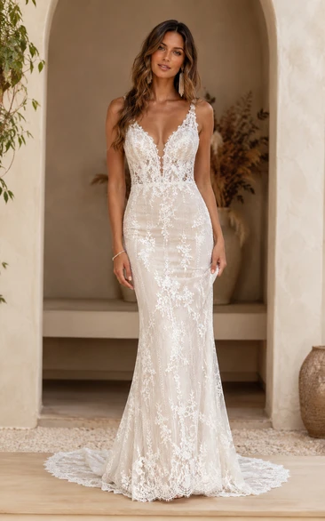 Sexy Mermaid Wedding Dress Sleeveless V-Neck Lace Backless Floor Length Sweep Train Ivory