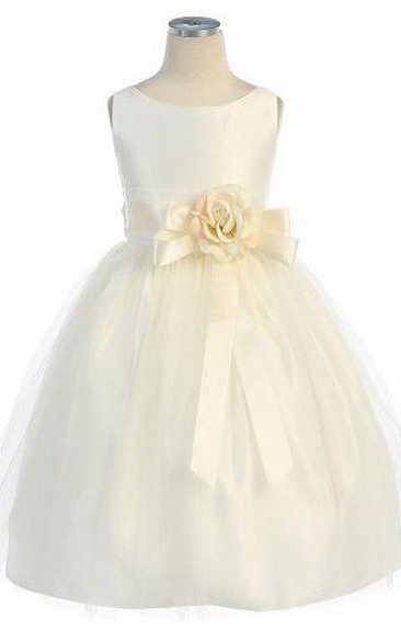 Tea-Length Tiered Tulle&Satin Flower Girl Dress
