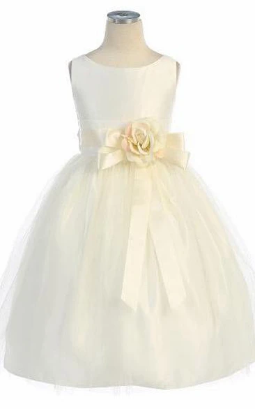 Tea-Length Tiered Tulle&Satin Flower Girl Dress