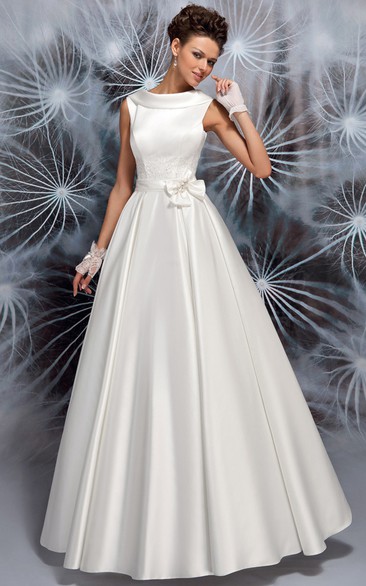 A-Line Floor-Length Bowed Sleeveless Satin Wedding Dress With Beading