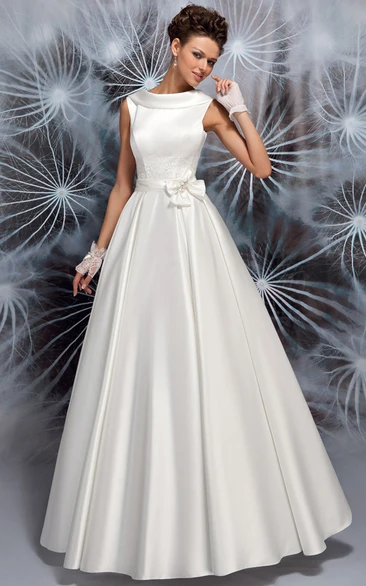 A-Line Floor-Length Bowed Sleeveless Satin Wedding Dress With Beading